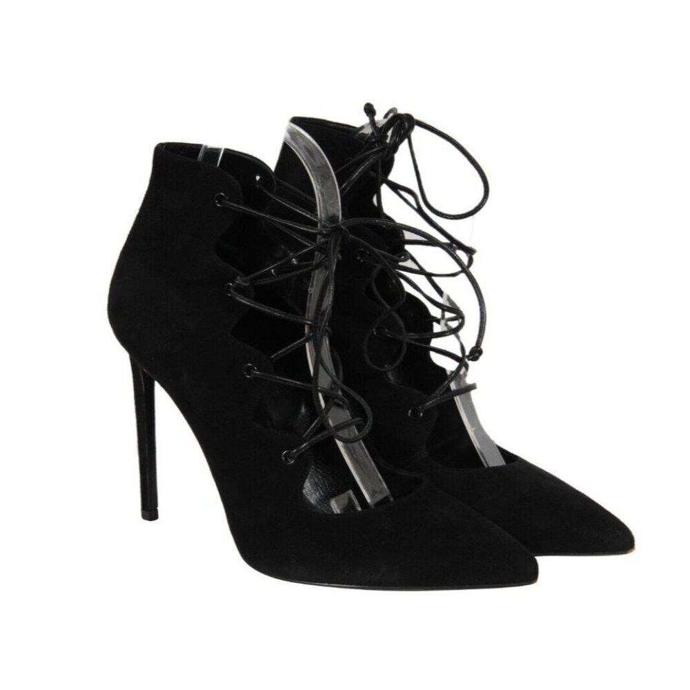 Saint Laurent Women Suede Pointed Toe Lace Up Pumps US 9 EU 39 Black Heels 105